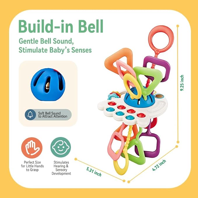 Baby Toys 6-12 Months, Montessori Silicone Pulling Toy for Babies, 6 in 1 Pull String Sensory Toy, Baby Teething Toy, Car Seat & Stroller Toys, Gift for 1 Year Old Boy Girl