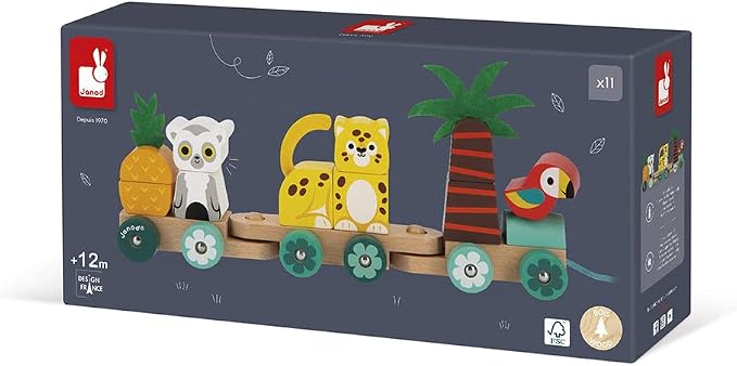 Janod - Tropik Tropical Pull-Along Train - 11 Pieces and 3 Cars - Ages 1 Year + J08272