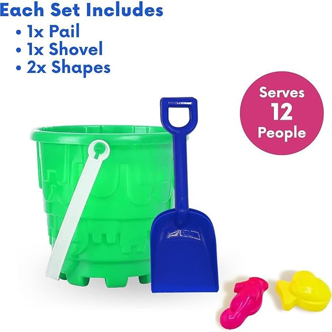 4E's Novelty 12 Sets Beach Toys - Includes 12 Sand Buckets, 12 Shovels, 24 Sand Molds for Kids - Small 5.75" Beach Buckets Bulk, Summer Party Favors, Easter Basket Stuffers, Student Gifts