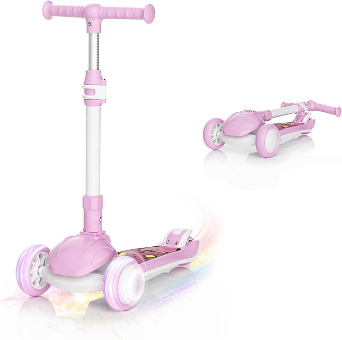 SIMATE 3 Wheel Kick Scooter for Kids Ages 3-12, Light Up Wheels & 3 Adjustable Height Handlebars, Lean-to-Steer & Widen Anti-Slip Deck, Boys & Girls Gift