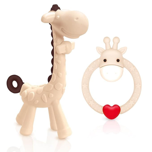 SHARE&CARE Silicone Giraffe Baby Teether Toy with Storage Case, for 3 Months Above Infant Sore Gums Pain Relief, Baby Teething Toys, Women Gift for Mom, Wife, Her (Cream)