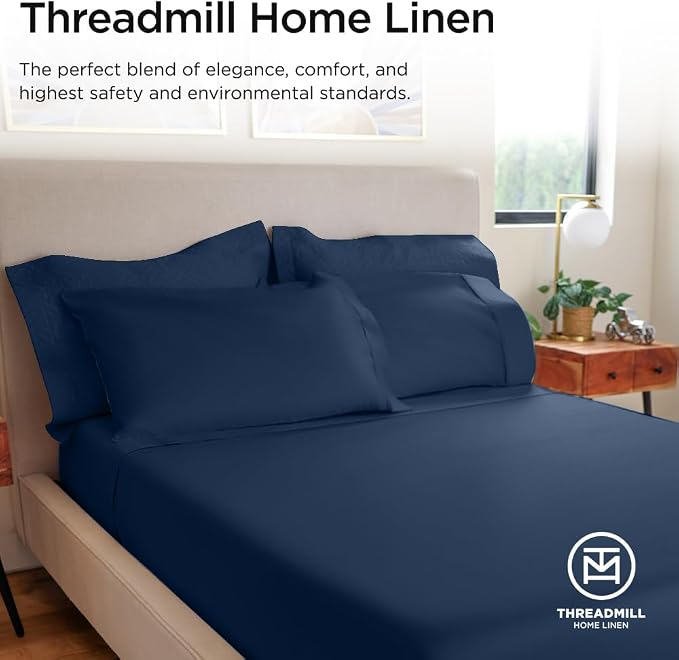 Threadmill 100% Cotton Sheets for Twin Size Bed - 600 Thread Count Twin Bed Sheets Set with 15” Deep Pocket - Sateen Weave 3-Piece Bedding Set with Cooling Effect, Folkstone Blue