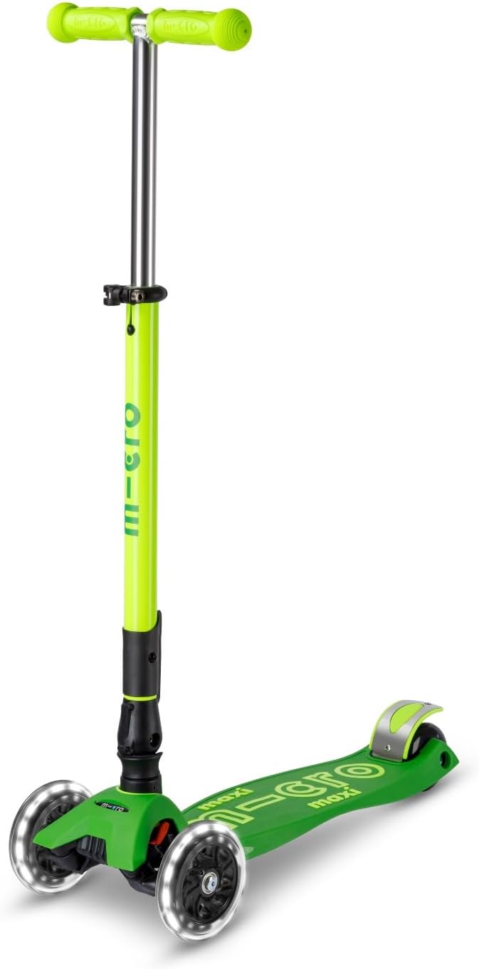 Micro Kickboard | Maxi Foldable LED Kids Scooter for Ages 5-12 | Children up to 110 lbs | 3 Wheel Lean-to-Steer Design | Adjustable T Bar | Smooth Ride, Motion Activated PU LED Wheels | Swiss Design
