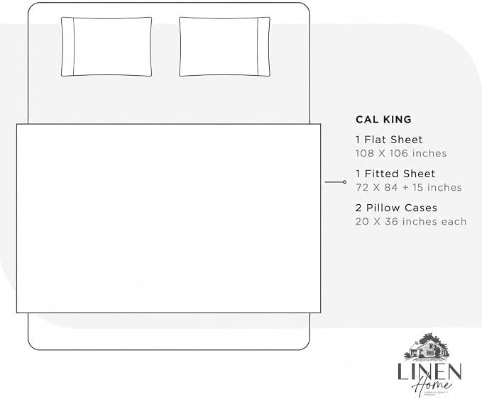 Linen Home 100% Cotton Percale Sheets California King Size, Light Taupe, Deep Pocket, 4 Pieces Set- 1 Flat, 1 Fitted and 2 Pillowcases, Crisp Cool and Long Staple Strong Bed Linen