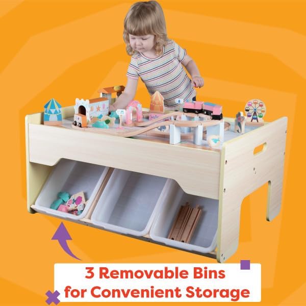 Wooden Train Set with Train Table - 63PC Play Set with Tracks, Vehicles, Buildings and Illustrated Ocean Train Table with Storage by Hey Play (Yellow)