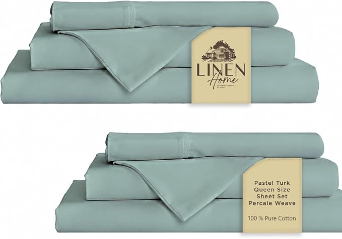 Linen Home 2-Pack Queen Sheet Set, 100% Cotton Percale Bedding, 8-Piece Value Bundle, Deep Pocket Cooling Bed Sheets for Hot Sleepers, Breathable & Crisp Hotel Quality, Long-Staple Cotton, Pastel Turk