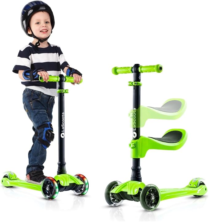 LaScoota 2-in-1 Kids Kick Scooter, Adjustable Height Handlebars and Removable Seat, 3 LED Lighted Wheels and Anti-Slip Deck, for Boys & Girls Aged 3-12 and up to 100 Lbs.