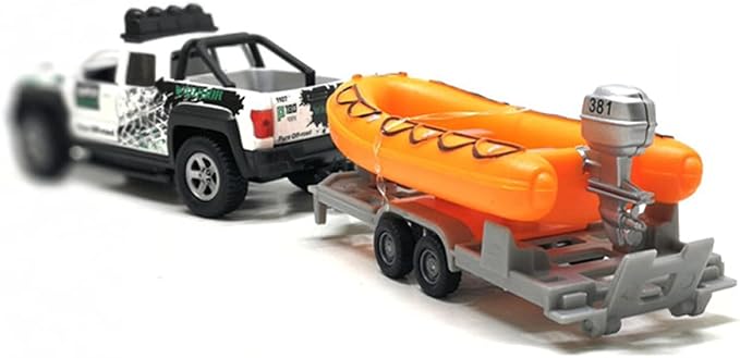 Pickup Truck Trailer Towing Speed Boat 2 in 1 Playset Diecast Model Car Metal Pull Back Toy Cars 1/36 SUV Vehicle Outdoor Sandbox Adventure Play Set Doors Open Light Sound Boys Toys Kids Gifts