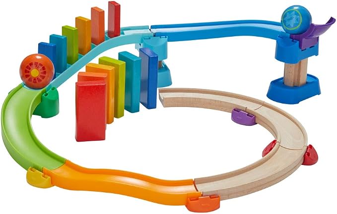 HABA Kullerbu Kringel Domino Playset - 33 Piece Ball Track Starter Set with Two Sets of Falling Dominoes - Ages 2+