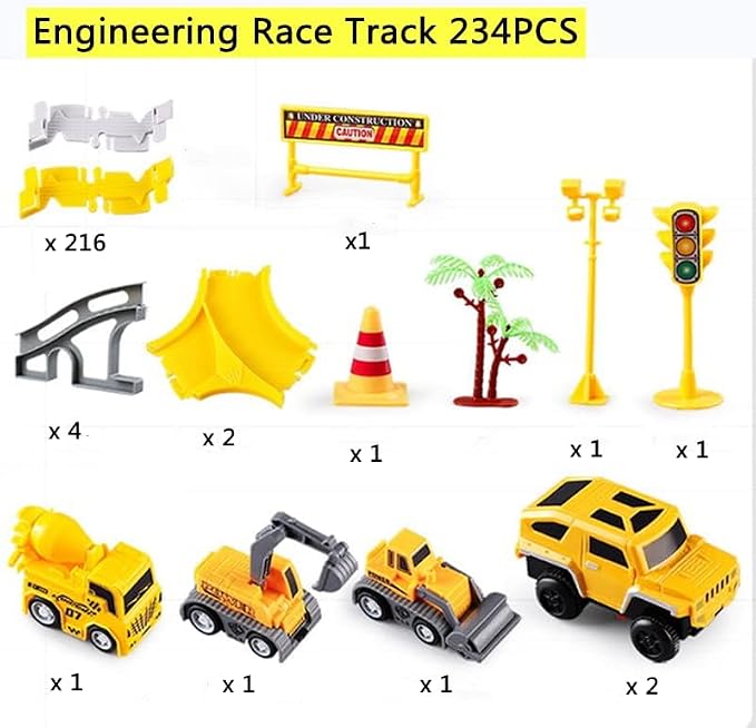 234 Pcs Engineering Rail Car,Construction Race Tracks for Kids Toys, 2 Electric Toy Cars,3 Construction Cars, DIY Collage Flexible Track Toys Set, Kids Gifts for 3-8 Year Old Boys and Girls Toy
