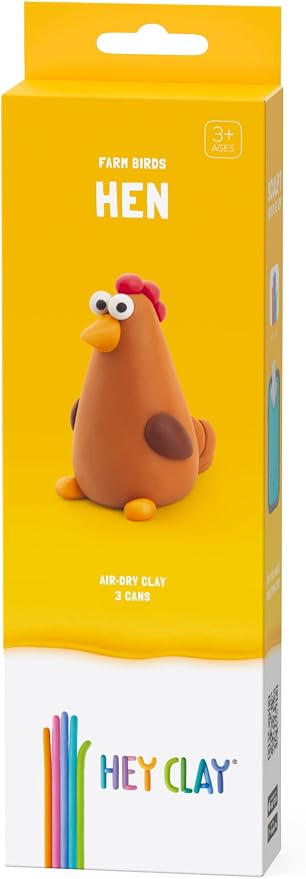 HEY CLAY Modelling Air-Dry Clay with Fun Interactive App - Non-Toxic, Non-Stick Modeling Clay Crafts Set for Kids Ages 3 to 8-3 cans (Farm Birds: Hen)