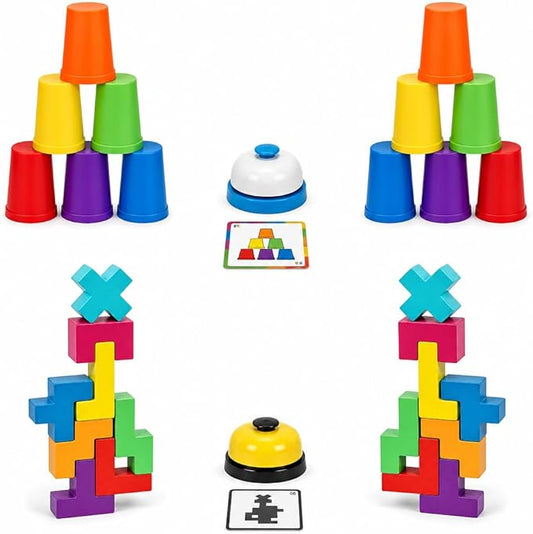 Cup Stacking Game Set with Cards and Bell, Quick Stack Speed Game + Building Blocks Puzzle 2-in-1, Family Party Game for Kids Ages 3-8, STEM Educational Toy 48 Pieces