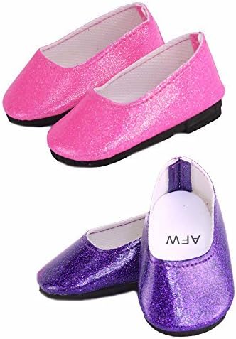 American Fashion World Pink and Purple Glitter Flats for 18-Inch Dolls | 2 Pack | Premium Quality & Trendy Design | Dolls Shoes | Shoe Fashion for Dolls for Popular Brands