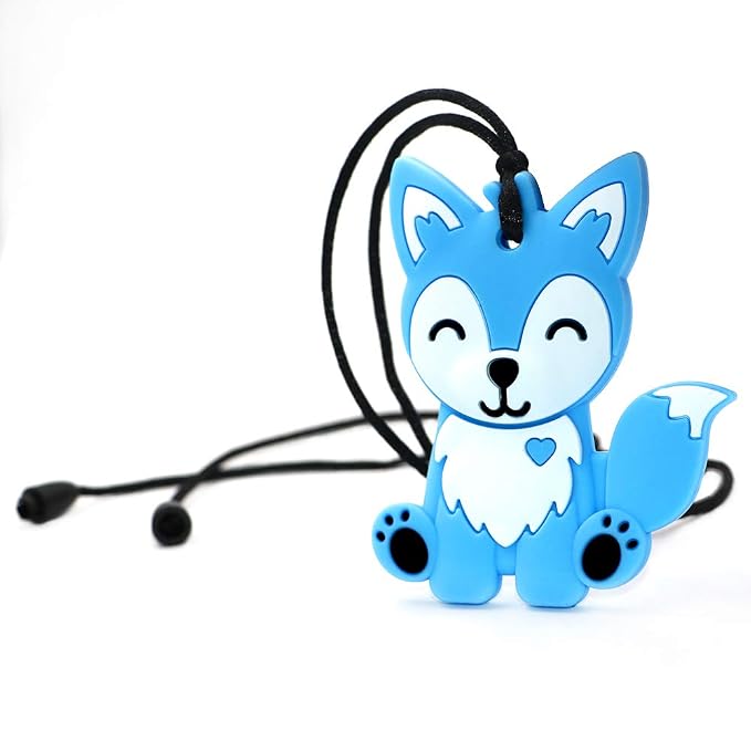 Sensory Chew Necklaces for Kids, Boys, and Girls - 2 Pack Fox Silicone Chewy Toys for Autism, ADHD, SPD, Chewy Oral Motor Chewing Toy for Adults Blue&Grey