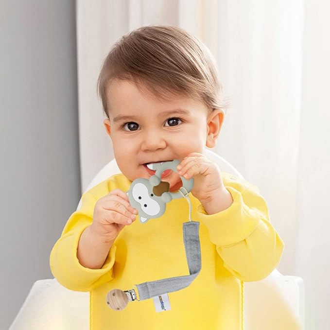 Baby Food Grade Silicone Teether Toy with Pacifier Clip Holder,Teething Pain Relief Toys Gift Set for 3 Months+ Boys and Girls,Freezer Safe,BPA Free (Raccoon)