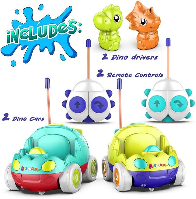 AEROQUEST Remote Control Car for Toddlers Toddler Toys for 18+Months RC Cars with LED Lights & Music Dinosaur Toy for Kids 2 3 4 5 Years Old Birthday Gifts for 3+ Year Old Girls Boys -2 Pack