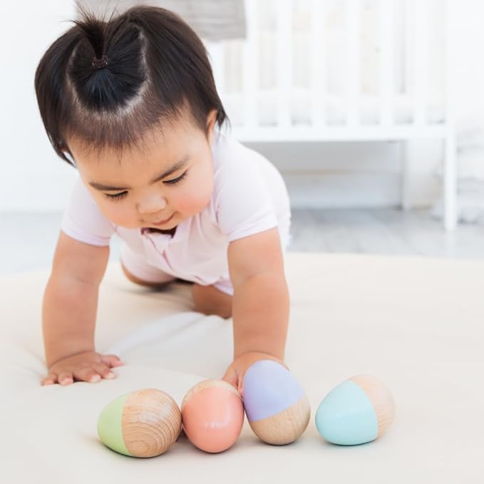 Pearhead Wooden Egg Shaker Baby Toy Set – 4-Piece Montessori Musical Sensory Toy, FSC-Certified Wood Rattle, Develops Rhythm & Fine Motor Skills, Pastel Baby Maracas for Boys and Girls, 0+ Months