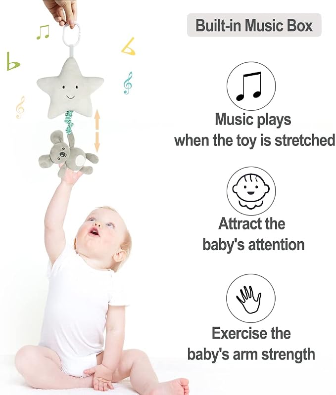 Baby Hanging Musical Toy With Music Box, Lullaby Pull Sensory for Babies Boys and Girls, Clip On Infant Pram Pushchair Cribs Strollers Car Seats, Star