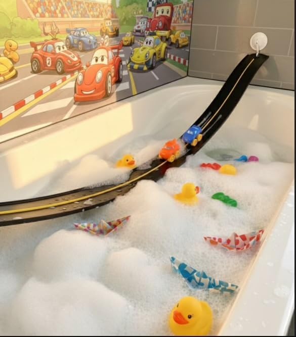 Race Car Bath Toy Set for Toddlers, Suction Cup Bath Track, 8 Piece Set with Mesh Storage Bag, Ages 3+ Montessori Play