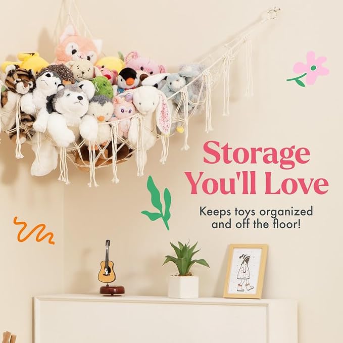 Lilly's Love Stuffed Animal Storage Macrame Hammock, Large - Boho Room Decor Toy Storage - Corner Hanging Plushie Stuffed Animal Net Organizer (Black)