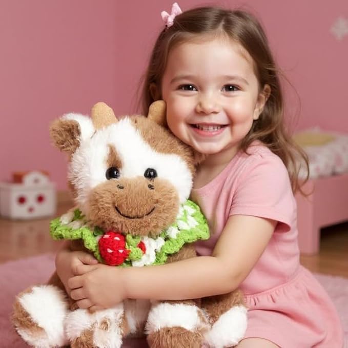 Hopearl Adorable Plush Cow Toy with Knitted Cute Strawberry Bib Floppy Dairy Cattle Soft Stuffed Animal Kawaii Gift for Boys Girls Kids Toddlers, Light Brown, 9''