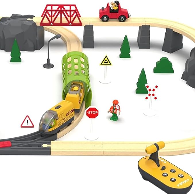 TOPLIVING Motorised Wooden Rail Train, Remote Control Train with Magnetic Connection, Battery Operated Locomotive Trains for Toddlers, Compatible with Thomas, Brio, Chuggington