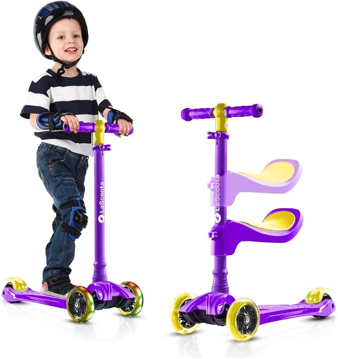 LaScoota 2-in-1 Kids Kick Scooter, Adjustable Height Handlebars and Removable Seat, 3 LED Lighted Wheels and Anti-Slip Deck, for Boys & Girls Aged 3-12 and up to 100 Lbs.