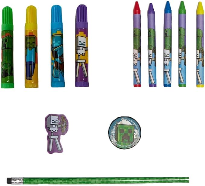 Innovative Designs Mine Craft Kids Coloring Art and Sticker Set,30 Pcs.School and Craft Supplies with Pencil Case,Blue
