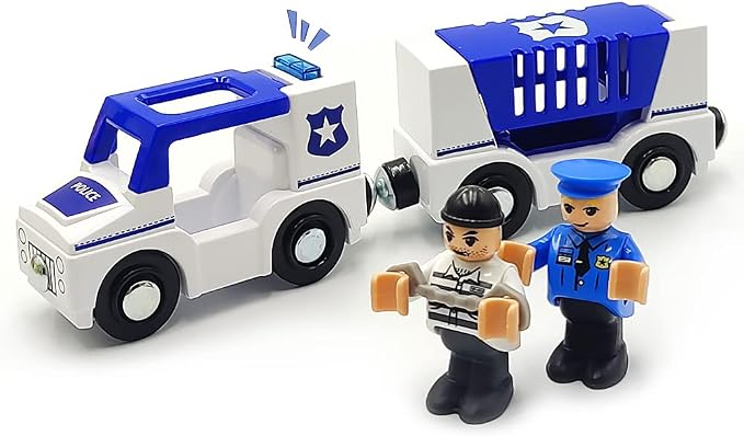 Wooden Train Cars Track Accessories Set Police Car with Light and Sound Small Vehicles Magnetic Train Cars Fit for Wooden Train Track Railway for Boys and Girls (Police Car(with Light and Sound))