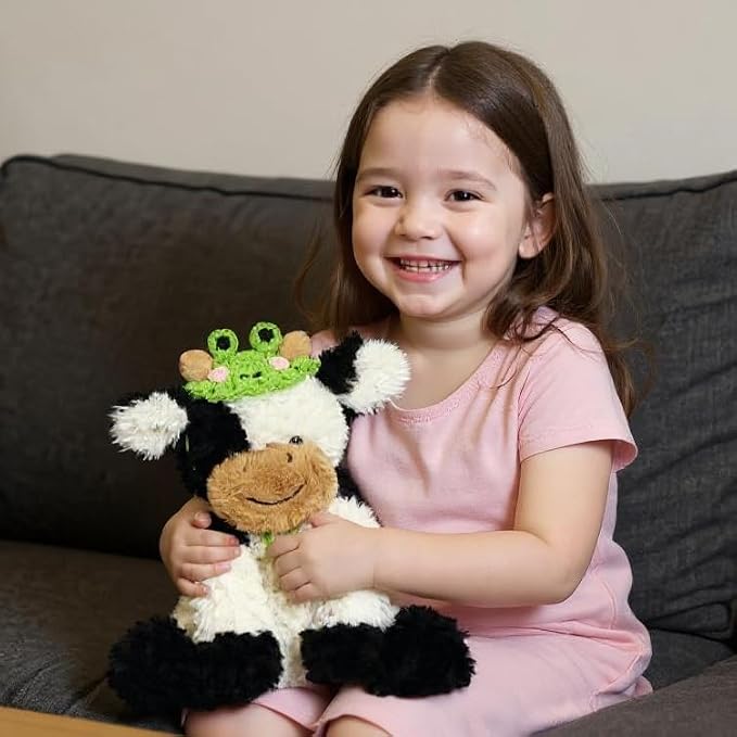 Hopearl Adorable Plush Cow Toy with Cute Tiny Knitted Frog Hat Floppy Dairy Cattle Soft Kawaii Stuffed Animal Birthday Holiday Gift for Boys Girls Kids Toddlers, 9''