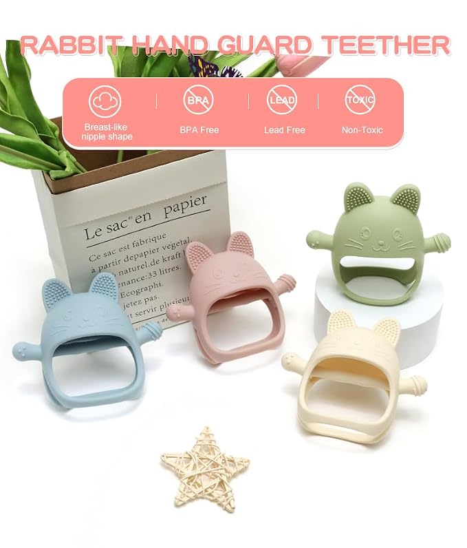 HippoBaby Rabbit Hand Guard Teether 2-Pack – Silicone Baby Teething Toys for Infants, Toddlers & Newborns – 100% Food Grade, BPA-Free¸Flexible Gum Soother (Rabbit Hand Guard - Pink/Cream)