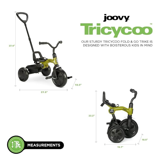 Joovy Tricycoo Fold & Go Toddler Tricycle Featuring Removable, Adjustable Push Handle, Lockable Front Pedals, Height-Adjustable Seat, 3-Point Safety Harness, and Rear Storage Box (Greenamole), Large