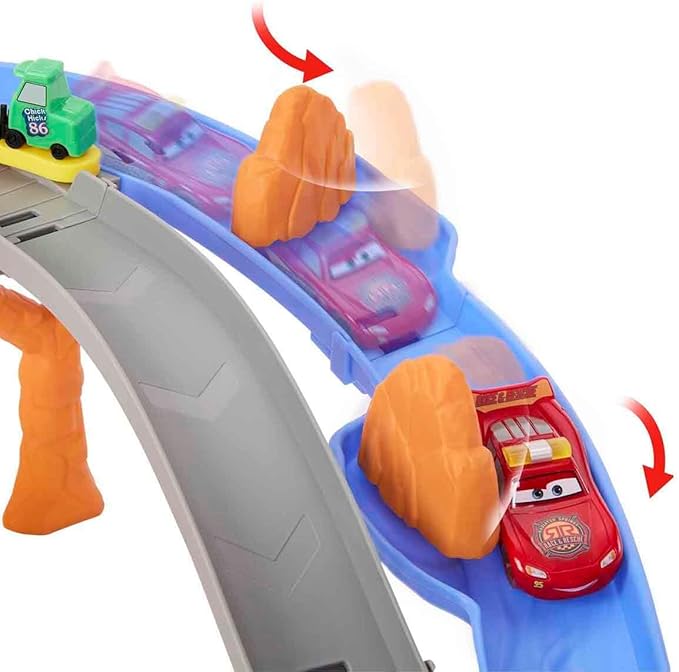 Mattel Disney and Pixar Cars Toy Playset, Lightning McQueen & Chicks Hicks & 2 Pitty Crew Vehicles, 2 Ways to Race, Race & Rescue Rescue Road Raceway