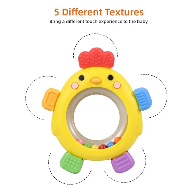 Baby Teether Rattle Toy,Babies Teething Rings Toys for 0-6 6-12 Months,Chicken Shape Textured Silicone Chew Toy for Gum Relief,Silicone Teether,BPA Free Baby Chew Toys Newborn Accessories
