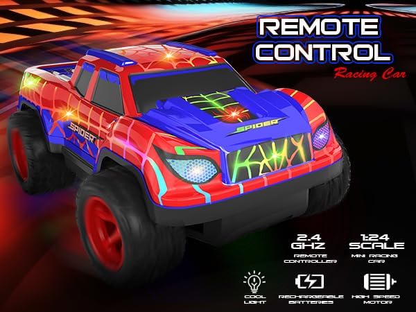 Spider RC Car for Kids, 1:24 Remote Control Car with Color-Changing LED Lights, 2.4GHz 50m Range, 2 Rechargeable Batteries, USB Charging Racing Toy Gift for Boys Girls Ages 6-7,8-12