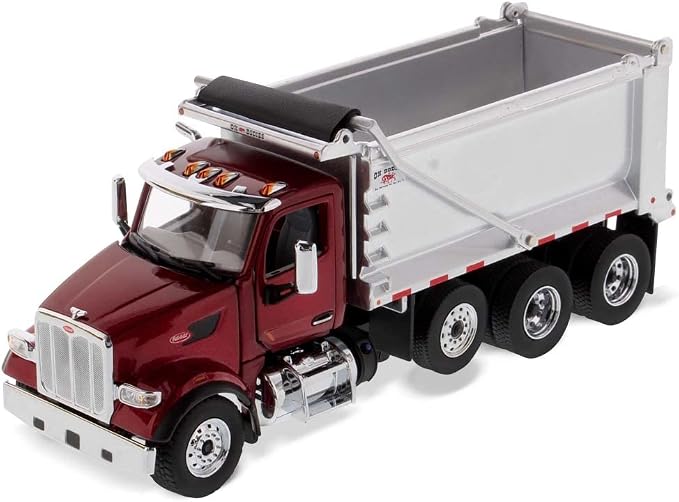 Diecast Masters Peterbilt Model 567 Dump Truck - Metallic Red | Tandem with Pusher Axle PACCAR Engine, Ox Bodies Stampede Cab 1:50 Scale Semi Trucks 71077