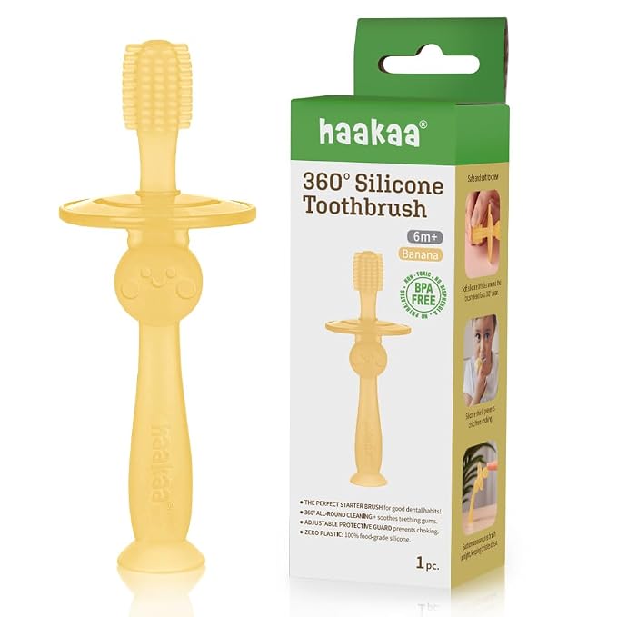 haakaa 360° Silicone Baby Toothbrush – 100% Soft Food Grade Silicone, BPA-Free, Suction Base, Safe for Babies 6 Months+, Gentle Gum and Teeth Cleaning for Infants, Gum Massager (Banana)