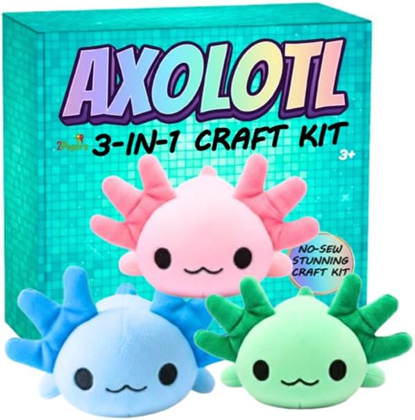 3-in-1 DIY Axolotl Plush Toys Arts and Crafts Kit for Kids, No Sew Axolotl Pillow Stuffed Animal Craft Set, Squishy Plushie STEM Sensory Toy & Birthday Gift for Girls & Boys Age 3 4 5 6 7 8 9 Year Old
