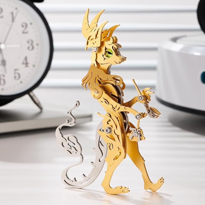 3D Metal Puzzles Toys The Meow Meow Family King and Princess Cat DIY Handmade Assembled Model Kits Ornaments Christmas New Year and Birthday Gifts for Adult (Pipe Elder Cat Golden)