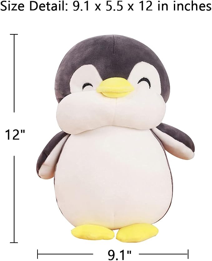 Stuffed Penguin Animal Plush Toy 12 Inch Gray Animal Stuffed Plushies Super Soft Cute Cuddly Pillow Cushion Stuff Dolls Birthday Gifts for Children Kids Boys Girls Room Decor Bedtime, 12Inches