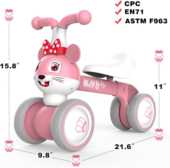 YGJT Baby Balance Bike for 1 + Year Old Boy and Girl, Indoor Outdoor Non-Pedal Baby Walker Toys for 10-36 Months Toddlers, Silent Wheels, 1st Birthday Gift, Kids First Bike Pink Mouse
