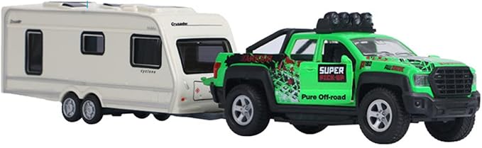 Pickup Truck Trailer Towing Toy Camper 2 in 1 Playset RV Motorhome Toys for Boys Diecast Model Car Metal Pull Back Toy Cars 1/36 Scale SUV Doors Open Light Sound Kids Birthday Gifts, Green