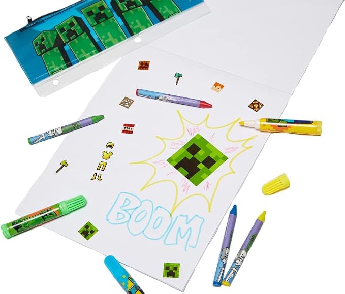 Innovative Designs Mine Craft Kids Coloring Art and Sticker Set,30 Pcs.School and Craft Supplies with Pencil Case,Blue