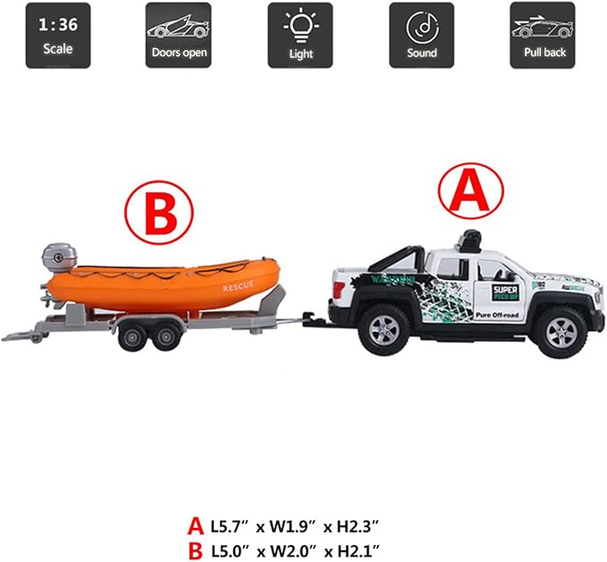 Pickup Truck Trailer Towing Speed Boat 2 in 1 Playset Diecast Model Car Metal Pull Back Toy Cars 1/36 SUV Vehicle Outdoor Sandbox Adventure Play Set Doors Open Light Sound Boys Toys Kids Gifts