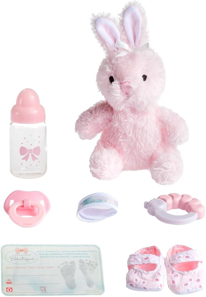 JC Toys La Newborn All-Vinyl-Anatomically Correct Real Girl 15" Doll in White Eyelet Dress with Fluffy Bunny and Accessories Designed by Berenguer