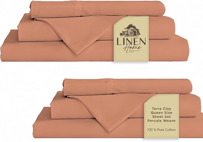 Linen Home 2-Pack Queen Sheet Set, 100% Cotton Percale Bedding, 8-Piece Value Bundle, Deep Pocket Cooling Bed Sheets for Hot Sleepers, Breathable & Crisp Hotel Quality, Long-Staple Cotton, Tera Clay