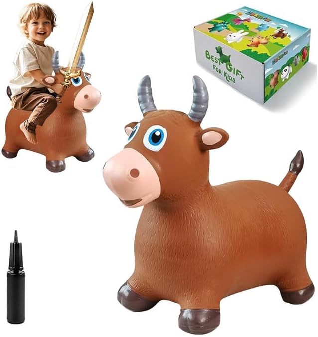 HotMax Bouncy Bull Hopping Horse Toys, Inflatable Bouncing Animal Hopper for Toddlers or Kids, Ride on Jumping Farm Toys for Boy or Girl, Birthday Gift 2 3 4 Year Old (Brown Cow)