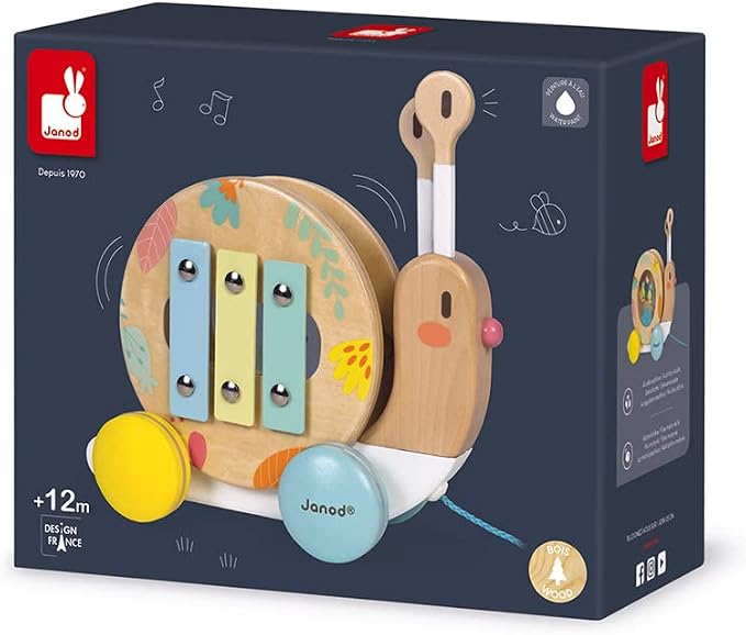 Janod Pure Pull Along Snail - Wooden 2-in1 Musical Toy - Ages 1+ - J05159