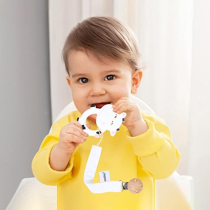 Baby Food Grade Silicone Teether Toy with Pacifier Clip Holder,Teething Pain Relief Toys Gift Set for 3 Months+ Boys and Girls,Freezer Safe,BPA Free (Cow)