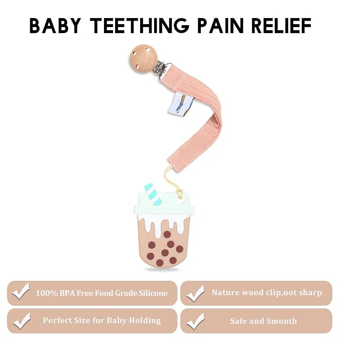 Baby Food Grade Silicone Teether Toy with Pacifier Clip Holder,Teething Pain Relief Toys Gift Set for 3 Months+ Boys and Girls,Freezer Safe,BPA Free (Bubble Tea)